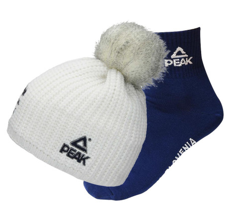 Bela kapa in temno modre srednje visoke nogavice iz olimpijske kolekcije