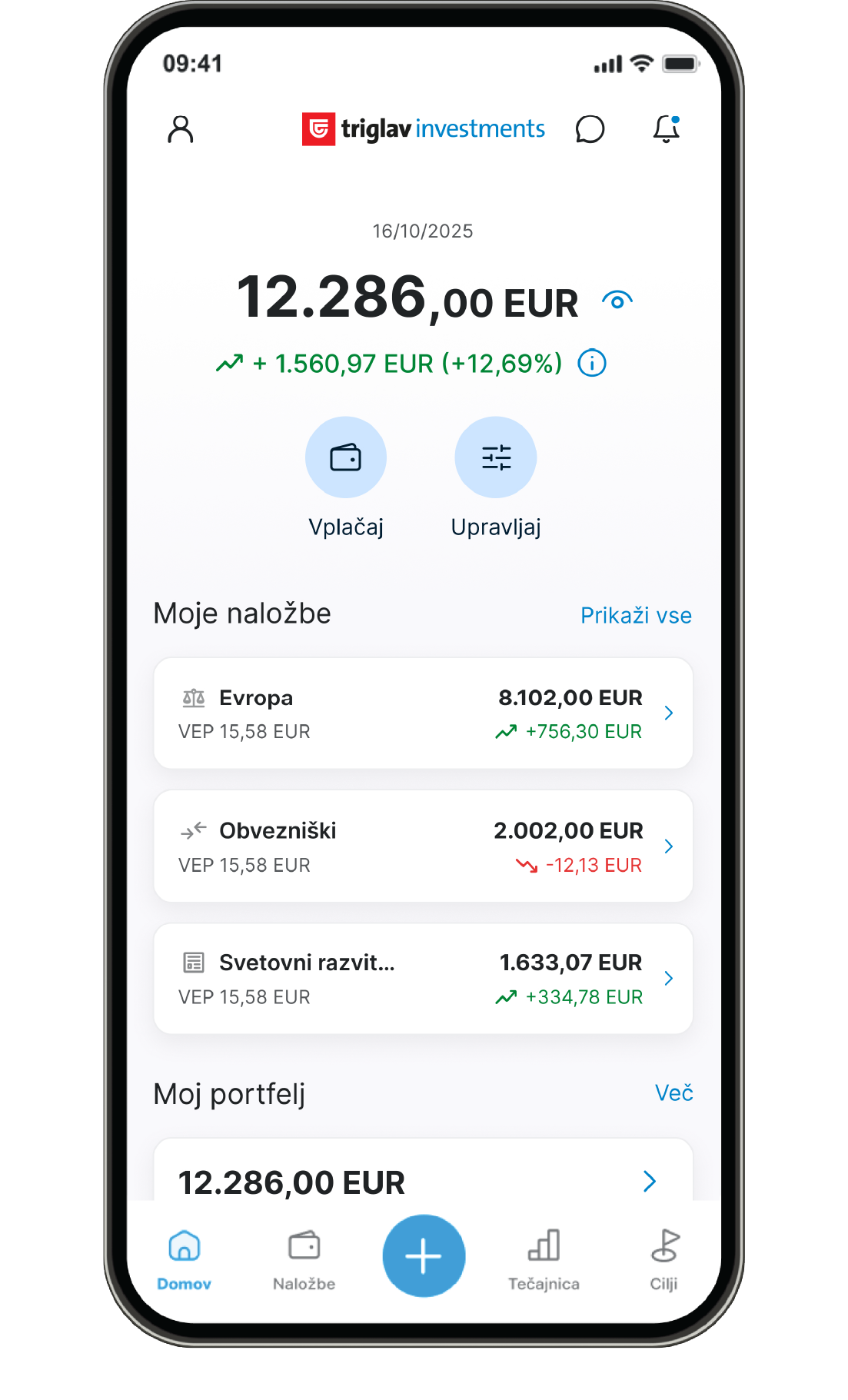 Slika prikazuje osnovni zaslon mobilne aplikacije Triglav Investments kjer uporabnik spremlja svoje naložbe