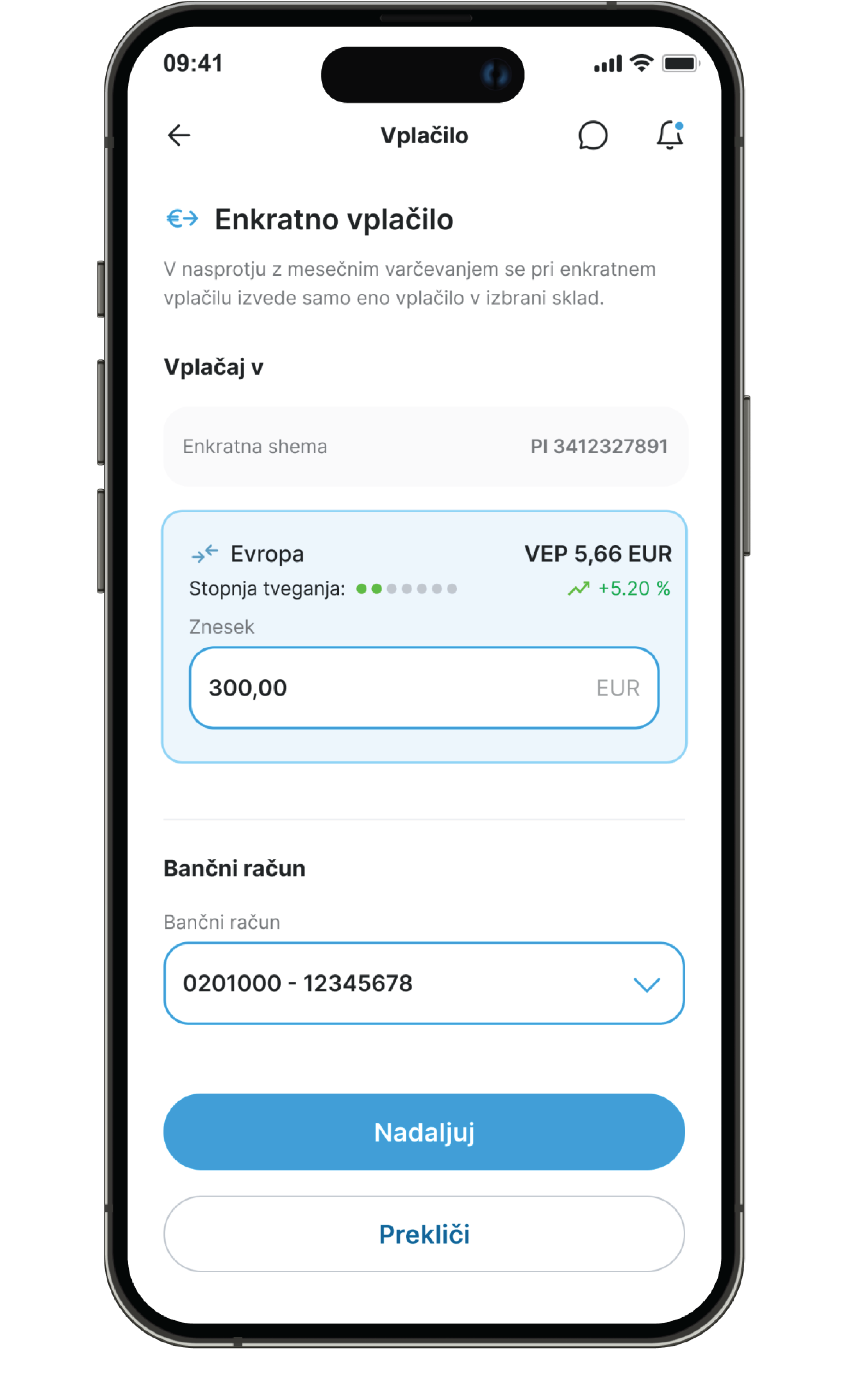 Slika prikazuje zaslon mobilne aplikacije Triglav Skladi kjer uporabnik izpolnjuje obrazec za enkratno vplačilo 300 EUR v sklad Evropa z izbiro bančnega računa.