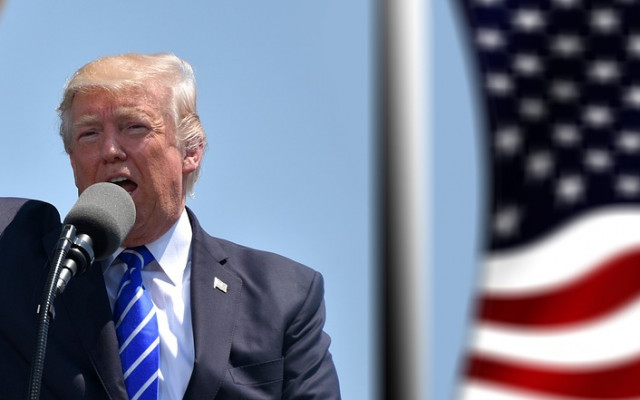 Donald Trump govori v mikrofon in dviguje pest pred ameriško zastavo