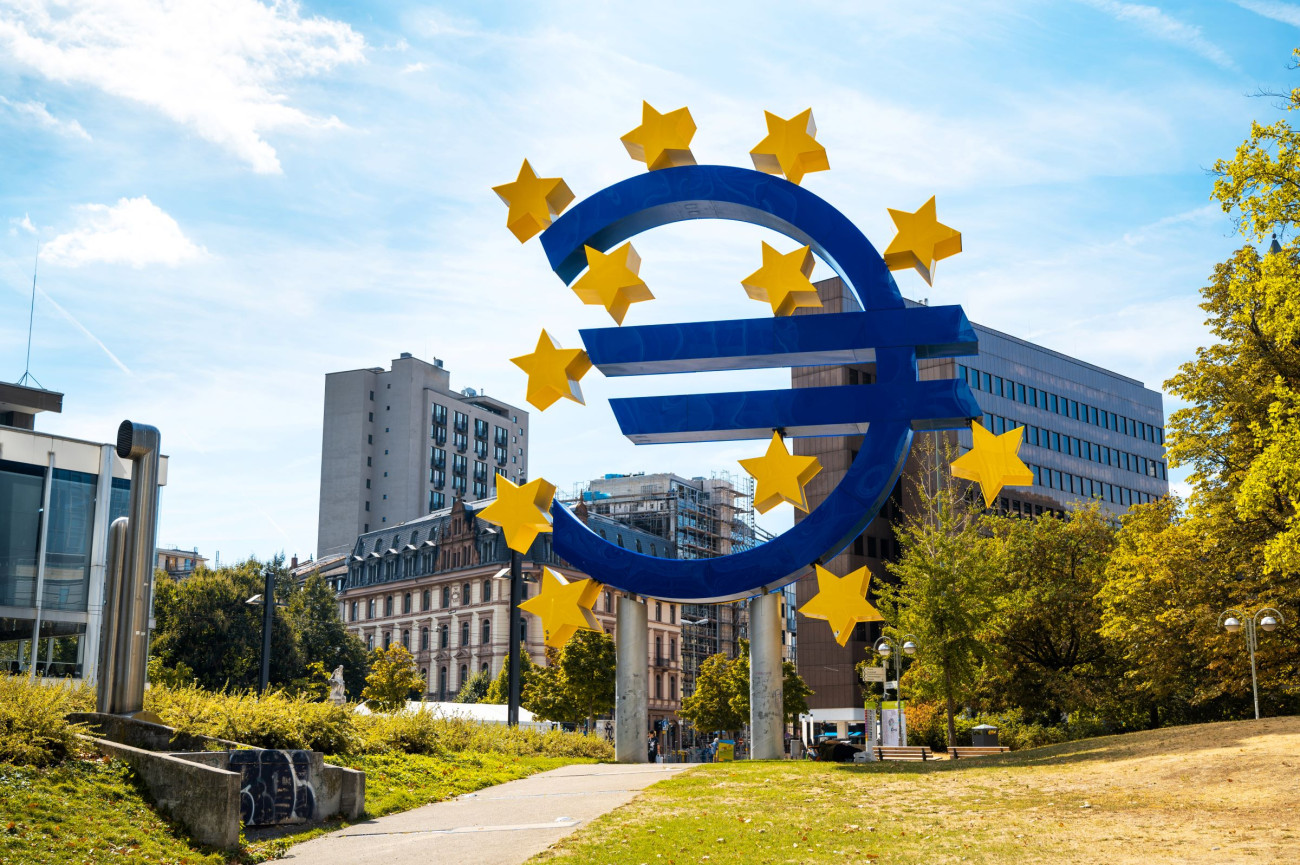 Velik moder simbol evra obdan z rumenimi zvezdami stoji na zelenici pred mestom Frankfurt