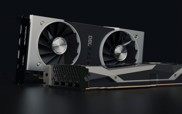 Grafična kartica NVIDIA RTX 2080 z dvojnim ventilatorjem je prikazana na črnem ozadju