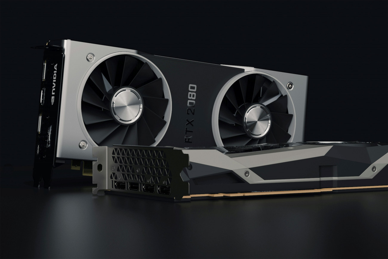 Grafična kartica NVIDIA RTX 2080 z dvojnim ventilatorjem je prikazana na črnem ozadju