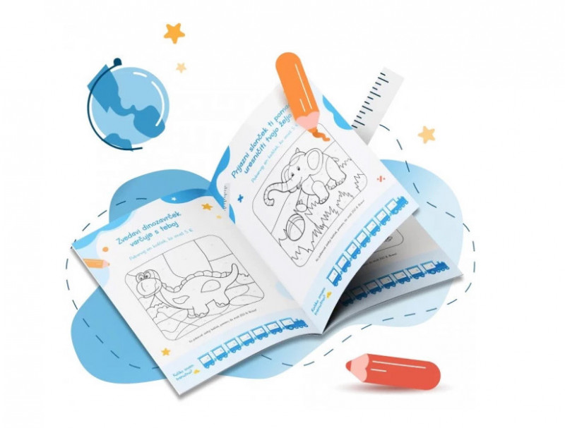 Ilustrirana pobarvanka za otroke z motivi dinozavrov in nalogami je prikazana v odprti knjižni obliki obkrožena z risanimi elementi kot so svinčniki zvezde in zemeljska krogla kar spodbuja učenje skozi igro