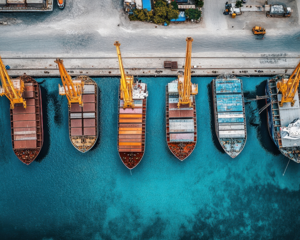 Pogled iz zraka na tovorne ladje v pristanišču