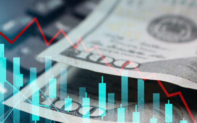 Grafikon s svečniki in črto je prikazan čez ameriške dolarje kar ponazarja finančne trge in borzo.