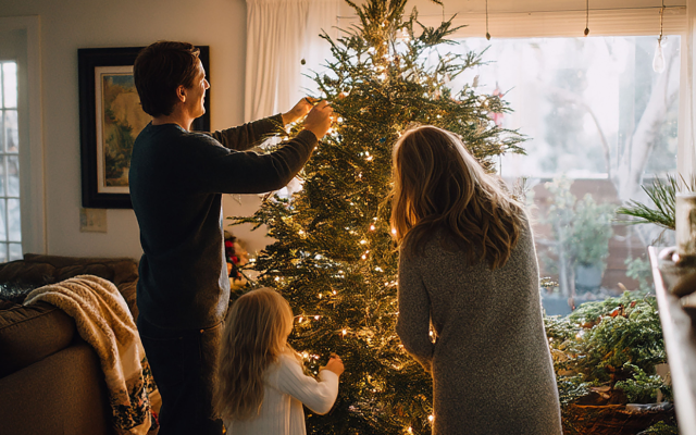 družina krasi božično jelko v dnevni sobi