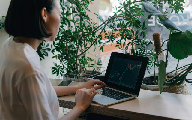 Oseba sedi za mizo in na prenosniku spremlja borzni graf, v ozadju so sobne rastline