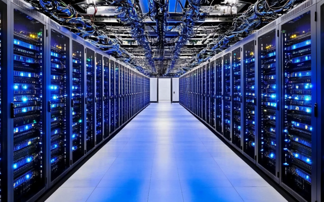 Slika notrajnosti podatkovnega centra s strežniškimi omarami