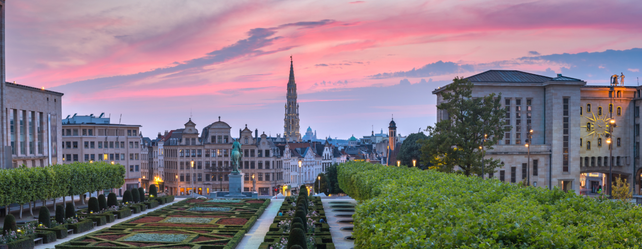 Panoramski pogled na Bruselj ob sončnem zahodu z urejenim parkom v ospredju in mestnimi stavbami v ozadju.