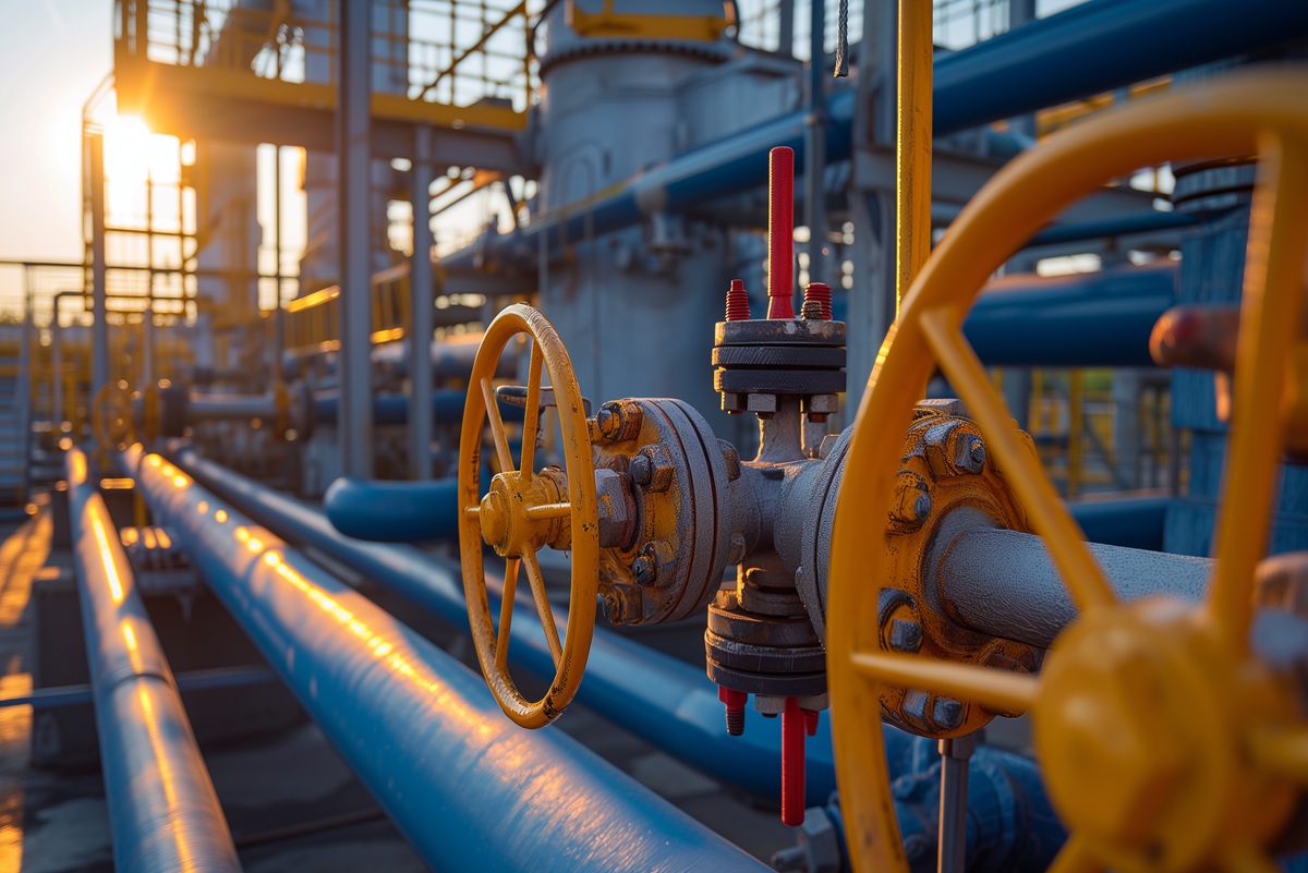 Plinovodi in ventili v energetski infrastrukturi ob sončnem zahodu simbolizirajo energetski sektor ter vpliv cen nafte in plina na svetovno gospodarstvo