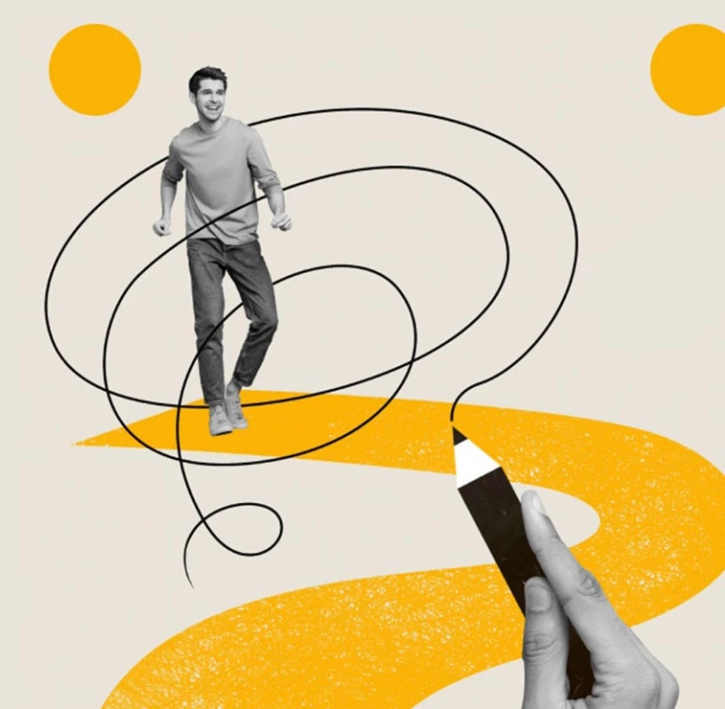 Črnobeli fant na rumeni črti In svinčnik ki riše črne črte