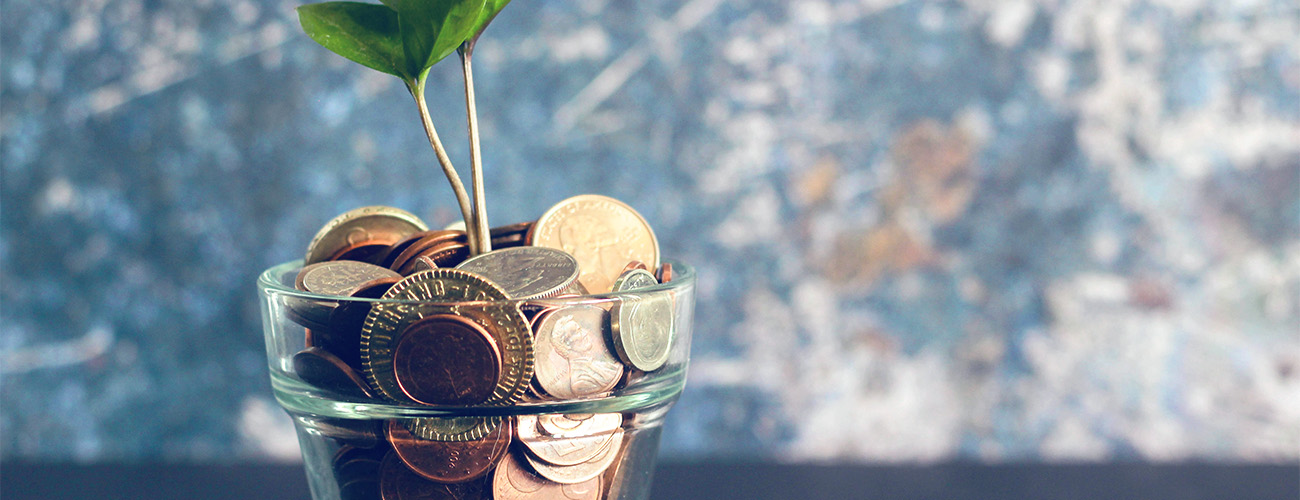 Slika rastline, ki raste iz steklene posode s kovanci