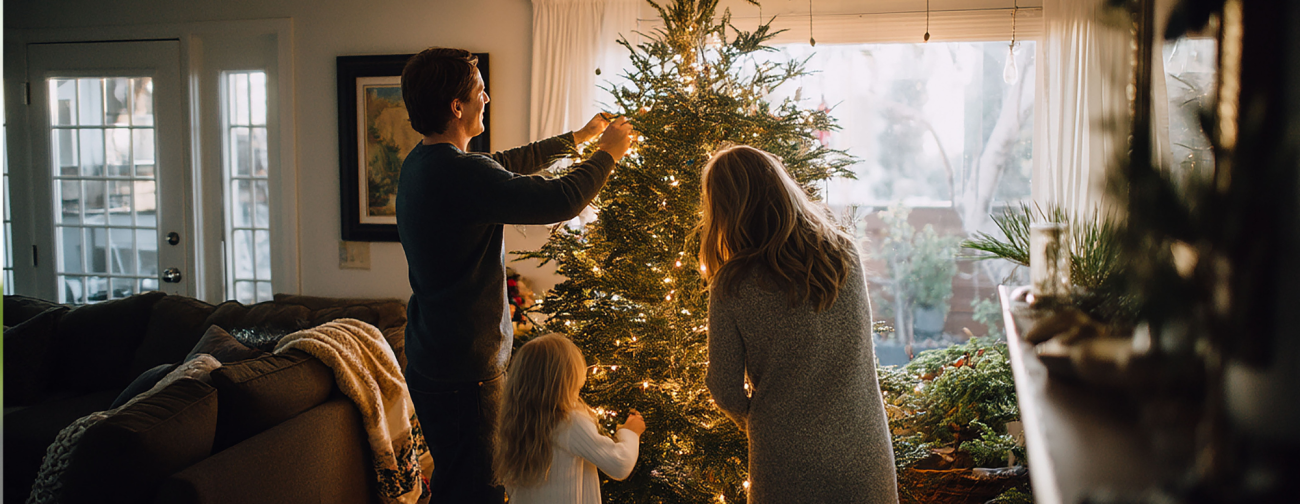 Družina krasi božično jelko v dnevni sobi