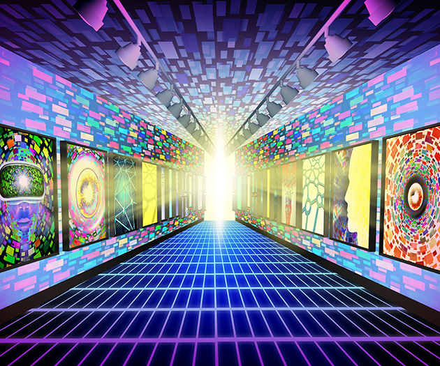 Futuristična slika prikazuje digitalne umetnine v virtualni galeriji