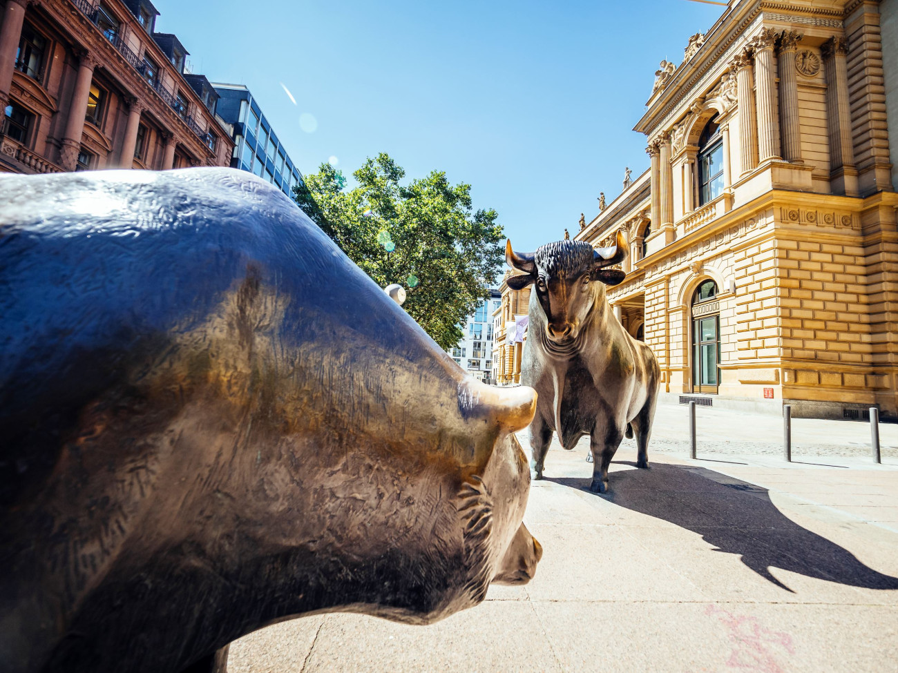 Kip bika in medveda stoji nasproti pred borzno stavbo v Frankfurtu kot simbol trga vrednostnih papirjev