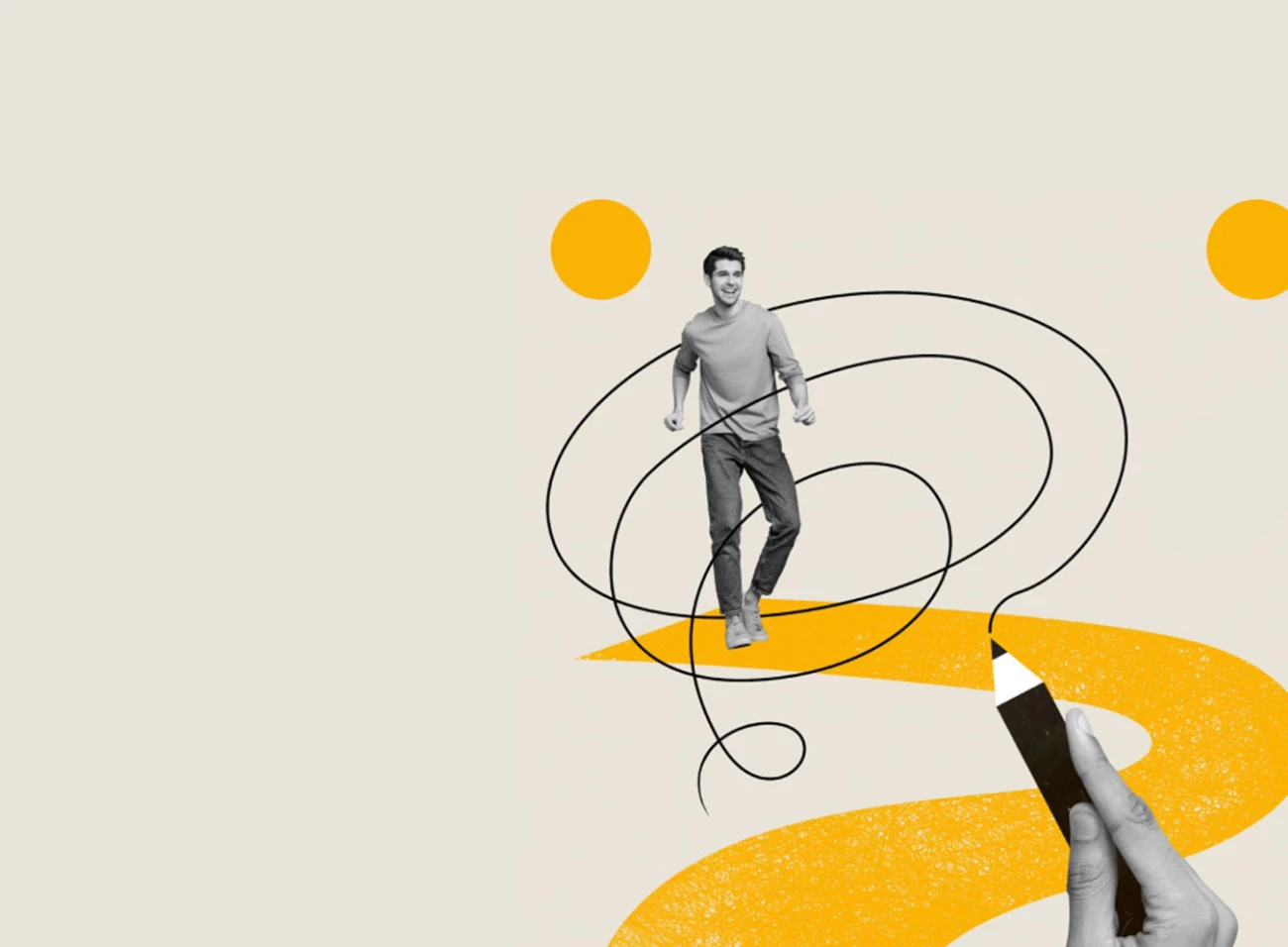 črnobeli fant na rumeni črti in svinčnik, ki riše črne črte