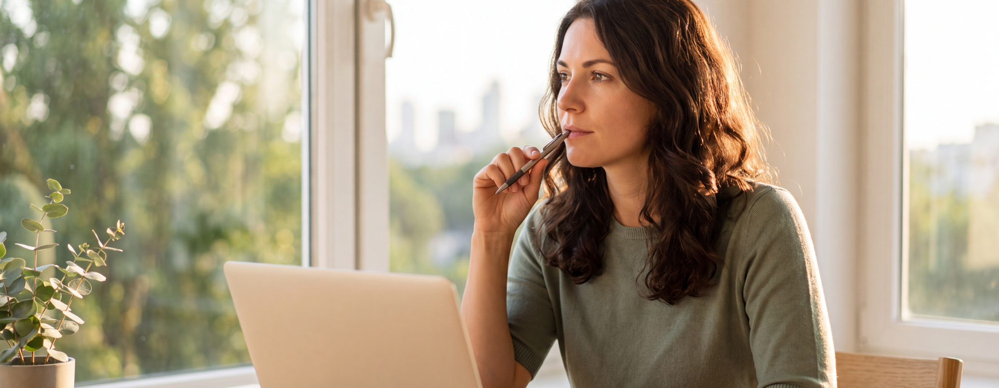 Oseba sedi pred prenosnim računalnikom in razmišlja